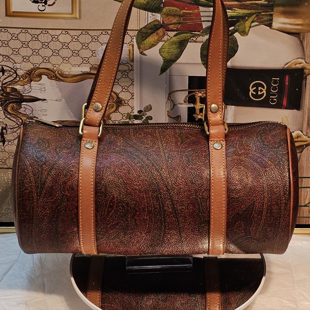 Etro Paisley Brown Embossed Leather Small Barrel Bag - Picture 11 of 16